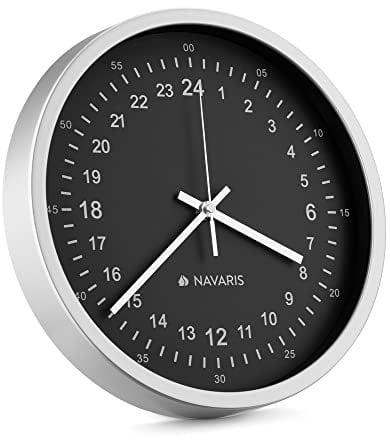 Navaris 24h Wanduhr rund mit schwarzem Ziffernblatt - 30 x 30 x 4cm - analoge Uhr zum Aufhängen mit 24 Stunden Zifferblatt - leise Wand Uhr