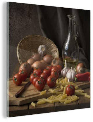 Glasbild Glasfoto Wandbild Bilder Deko 50x50 cm Schneidebrett - Gemüse - Stillleben - Pasta - Aus - Tomate - Schneidebrett