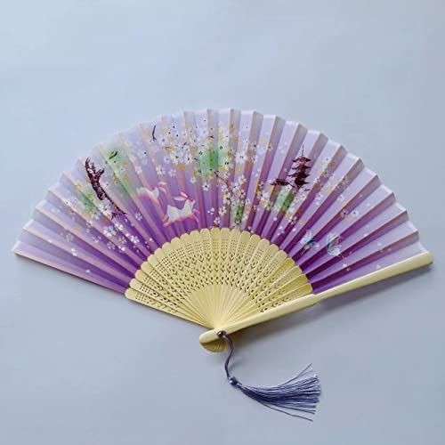 Yukiyi Handheld Folding Fan for Women Folding Hand Fans Bamboo Fans with Tassel Silk Fabric Fans Wall Decoration Wedding Party (Light Purple)