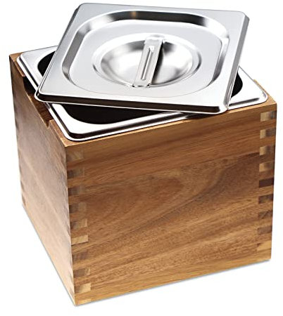 GOGREEBELL Komposteimer Küchen-Arbeitsplatte Komposteimer mit Deckel & Akazienholzbox, Kompostbehälter für Küche, geruchsdicht,für den Innenbereich mit Edelstahl(Trompete) 3.2L