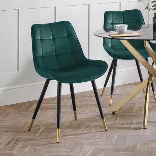 Julian Bowen Hadid Dining Chairs, Set of 2, Green Velvet - H84 x D59cm | Contemporary Upholstered Kitchen Chairs for Dining Room, Padded Kitchen Seat