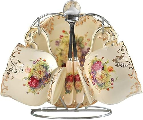 Pastorale Rose Bone China Tee Tasse Untertasse Löffel Set Europa Porzellan Kaffeetasse 200 ml Tasse Tablett Cafe Tumbler Party Drinkgeschirr (zwei Tassen & Untertassen-Sets mit Regal, A)