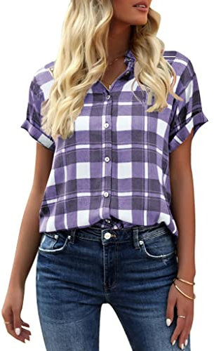 GeGekoko Blouse à carreaux pour femme à manches courtes décontractée col en V avec boutons, lilas, Medium