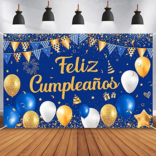 Grande Pancarta con Feliz Cumpleaños en Español, Fiesta de Cumpleaños Decoración Banner, Azul Cumpleaños Pancartas fotográficas, Tela de Fondo Decoracion Cumpleaños, Fiesta de Aniversario Pancarta