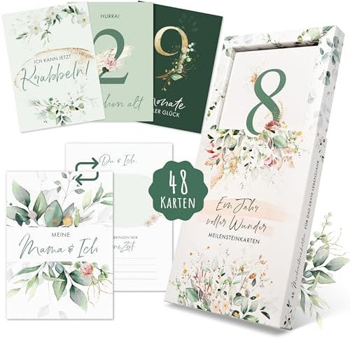 EULENTALER® Monatskarten Baby 1-12 Monate I Von Pädagogen gestaltet I Meilensteinkarten Mein erstes Jahr Set als Geschenk zur Geburt & Babyparty I 48 Karten Inkl. Geschenkbox für Jungen & Mädchen