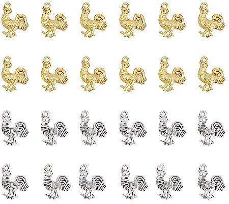 DICOSMETIC 60 Stück 2 Farben Hahn Charme Golden Und Antik Silber Landwirtschaft Charme Kleintier Carms Niedliche Hühner Charme Legierung Anhänger Für Die Schmuckherstellung Bohrung: 2 mm