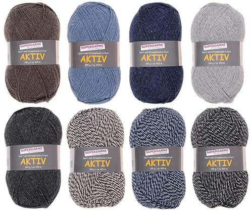 SUPERGARNE Sockenwolle Aktiv 6-fädig - 1200 g (8x150g), Strapazierfähig, Maschinenwaschbar, Made in EU, Ideal für Socken und Strickprojekt (Classic)