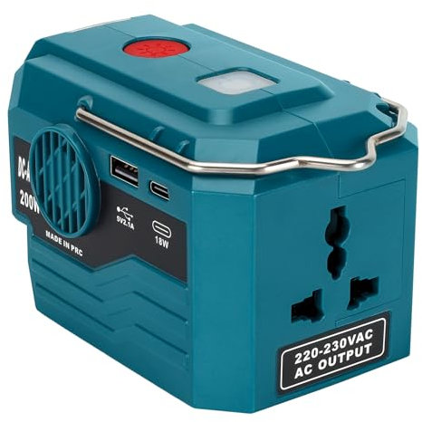 YEX-BUR 200W Power Inverter for 18v Battery, DC 18V to AC 220-230V Battery Adapter with USB-A & Type-C Port,280LM LED Light for Outdoor Picnic Camping Emergency