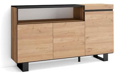 Skraut Home | Sideboard, Highboard | Kommode, Komodenschrank | 150x87x35cm | 3 Türen | Industriedesign | Moderner Stil | Eiche Schwarz