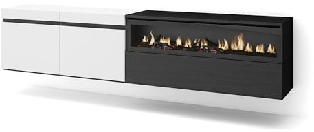 Skraut Home | TV-Schrank, Lowboard | für Wohnzimmer und Esszimmer | 200x45x35cm | Für TV-Geräte bis zu 80 | Elektrokamin. Maße | Hängend | Moderner Stil | Weiß und Schwarz
