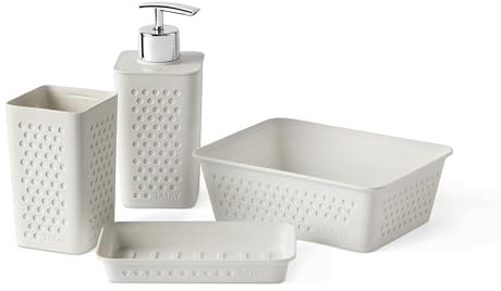 TATAY Lot de 4 Accessoires de Salle de Bain (Tumbler + Distributeur de Savon + Porte-Savon + Organiseur A6) Bohol, polypropylène, sans BPA, Plastique 100% recyclé, Blanc