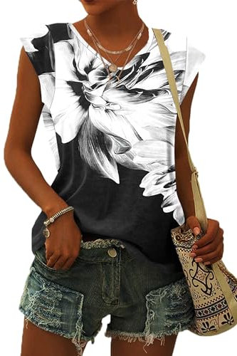 WNEEDU Women Tops Summer T-Shirts for Women UK V Neck Cap Sleeve Ladies Summer Tank Tops Blouses Black White Flower M