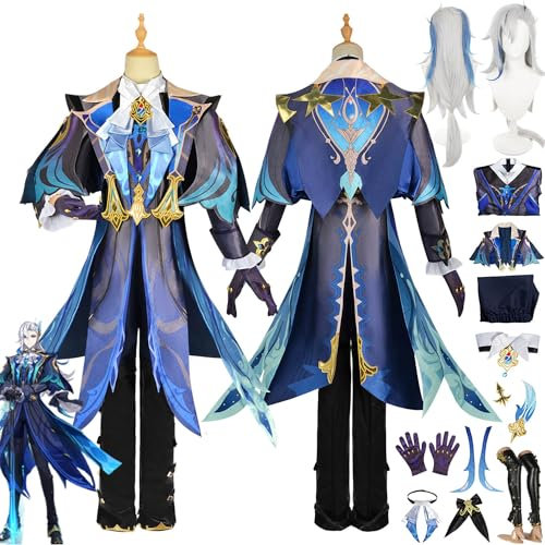 Genshin Impact Neuvillette Cosplay Kostüm Outfit Spielcharakter Uniform Komplettset Halloween Party Karneval Dress Up Anzug mit Kopfschmuck Perücke für Männer Jungen (L)