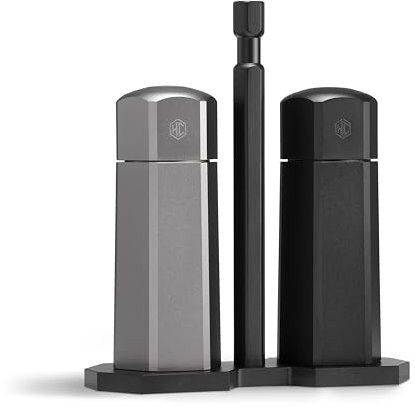 HexClad Salz- und Pfeffermühlen-Set für den Tisch und Tragebehälter mit verstellbarer Grobheitseinstellung in Edelstahl