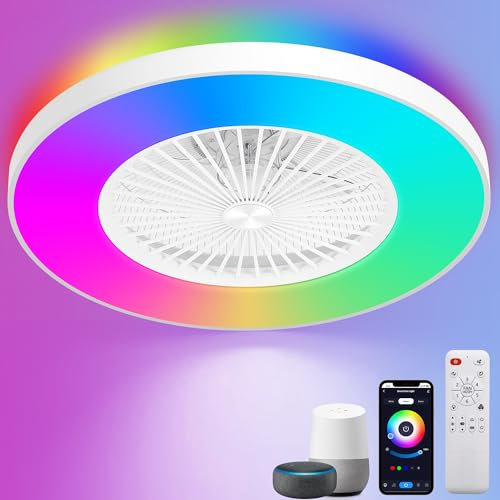 KAMLAM 24 Low Profile Ceiling Fans with Lights, Bladeless Ceiling Fan, with Alexa, Remote/APP Control, Enclosed Flush Mount RGB Ceiling Fan Dimmable Color Changing LED Ambient
