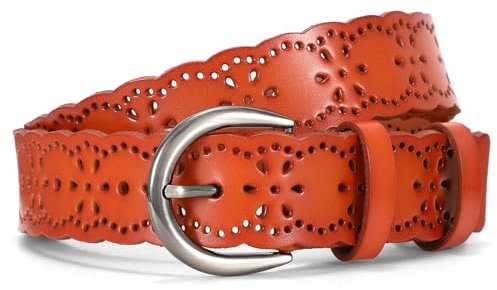 JasGood Damen Ledergürtel Hohle Blume Design Damen Gürtel mit Dornschließe für Jeans Hosen Kleider,Braun,150cm