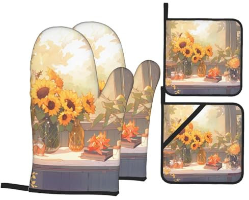 Sonnenblumen unter der Fensterbank, Ofenhandschuhe und Topflappen, Grillhandschuhe und Halter zum Kochen, Backen (4-teiliges Set)