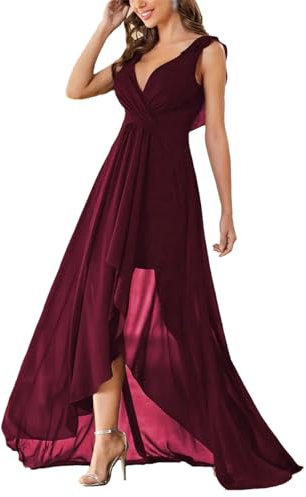 ZouoYYii Vestido de fiesta sin espalda de color sólido para mujer con volantes en la parte delantera y cuello en V vestido de graduación, fucsia, L