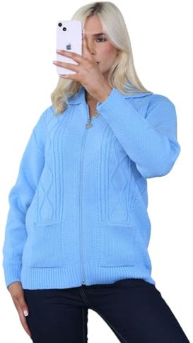 STAR FASHION Women's Cable Knit Zip Through Jumper Long Sleeve Cardigan Ladies Collared Neck Knitwear Zipper Cardigan 2 Pockets Pullover Sky Blue 20-22