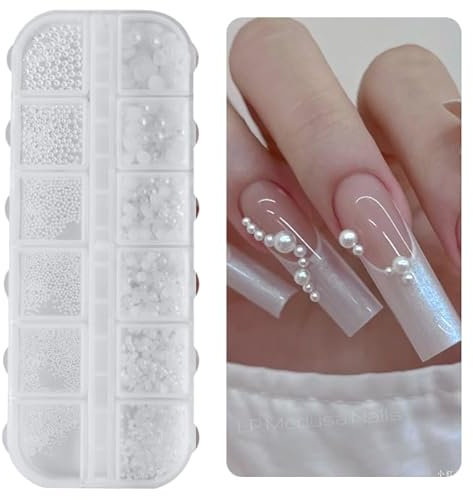 Nail Art Strasssteine 1 Schachtel, Nail Charms, 12 Typen Weiße Perlen Für Nägel, Flatback Rhinestones, Klein Edelstahl-Perlen, Nagel Deko, Nagel Zubehör