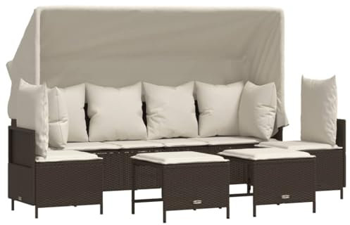 vidaXL Garten Sofa Garnitur 5-TLG., Gartenmöbel Set mit Kissen Dach, Sitzgruppe für Garten Terrasse, Lounge Hocker Sitzgarnitur, Braun Poly Rattan