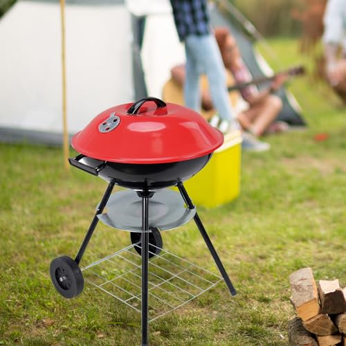 Whemyreat Kugelgrill mit Deckel, Rollbarer BBQ-Grill Holzkohlegrill für 4-8 Personen, 44 x 44 x 70cm Holzkohle Rundgrill mit großer Grillfläche und Verbrühungsschutzgriff Für Camping, Gartenparty, Rot