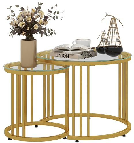 HOMCOM Lot de 2 Tables Basses gigognes Rondes 60/40 cm Plateau Verre trempé et Pied en Acier au Carbone Design Moderne doré