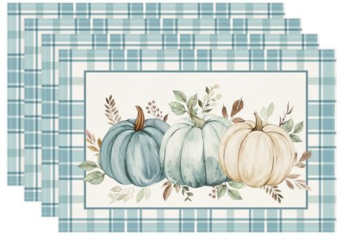Bonhause Kürbisse Eukalyptusblätter Herbst Tischsets 4er Set, Herbst Erntedank Ernte Vintage Platzsets Waschbar Platzdeckchen für Küche Tisch Dekoration Drinnen Urlaub Party Dekor 30x45cm