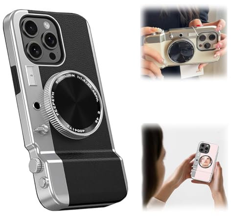 Vintage iPhone Camera Case With Mirror, Bluetooth - Suction Magnetic Case for iPhone 15 Pro (black)