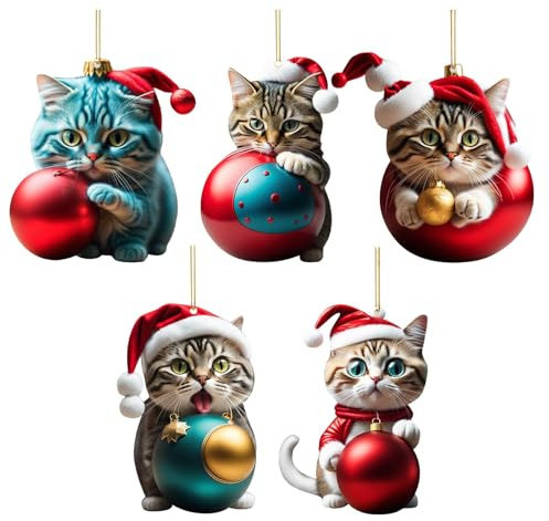 JYTDBCS Pack of 5 Christmas Tree Cat Pendants, Acrylic Cartoon Cat Decorative Ornaments, 2D Fun Christmas Pendant Decoration