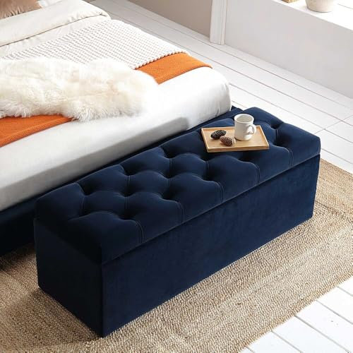 AZ Interiors Royal Furniture 120cm Wide Ottoman Storage Box, Milan Ottoman Bench with Storage, Large Velvet Upholstered Blanket Box, End of Bed Bench, Shoe Storage Bench (Sapphire Blue Velvet)