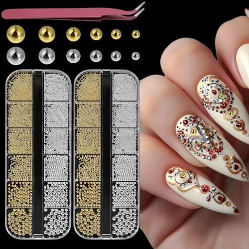 2 Box/12 Tabletts Nail Charms Gold Silber mit Rosa Pinzette, Nail Art Perlen Nail Art Strasssteine, Klein Edelstahl-Perlen, Nagelzubehör Strass Gemischt Verschiedene Größen, Kleine Edelstahlperlen