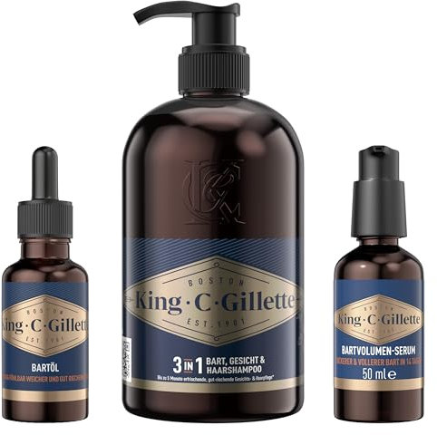 King C. Bartpflege SET, King C. Gillette Bartöl 30 ml + King C. Gillette Bartvolumen-Serum, 50 ml + King C. Gillette 3-in-1 Bart-, Gesichts- und Haarwaschgel für Männer 350ml