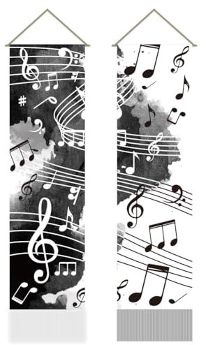 AHANDMAKER 2 Stück Wandteppich Mit Musiknoten. Langer Vertikaler Wandteppich Mit Rockmusik Motiv Wandteppich Mit Quaste Für Musikpersonal Mystischer Ästhetischer Wandteppich FürMusikclub, 45.7x13 zoll