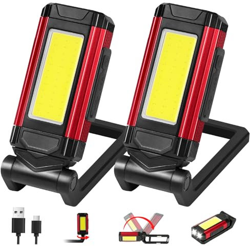 vsshe Lampada da Lavoro LED Ricaricabile, 2PCS Torcia Magnetica Ricaricabile, 360 ° rotatable con Base Magnetica Forte e Pieghevole Gancio, Cob Lampade Di Ispezione per Auto/Campeggio/Emergenza.
