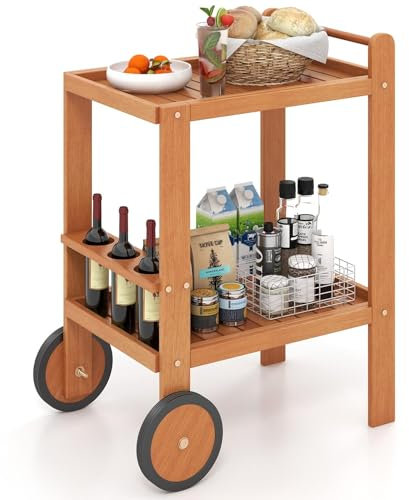 TANGZON 2-Tier Serving Cart, Solid Wood Rolling Drinks Trolley with Bottle Holder, Slatted Shelves, Handle & Wheels, Home Bar Cocktail Alcohol Trolley for Kitchen Dinning Room Garden