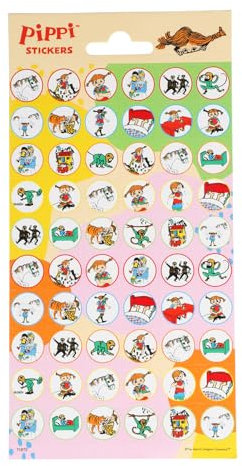 60 Sticker * PIPPI * für Kinder zum Kindergeburtstag und Party | 1 Bogen mit 60x runde Aufkleber, je 15mm | Mitgebsel Basteln Verkleiden Sticker Kinder Geburtstag Astrid Lindgren