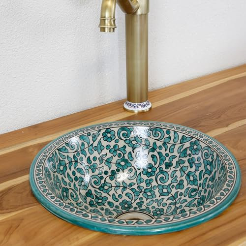 Casa Moro Waschbecken ohne Hahnloch Türkis, Keramik Aufsatzwaschbecken für Badezimmer und Gäste-WC, Einbauwaschbecken Rund ohne Überlauf/Waschschale Aufsatzbecken