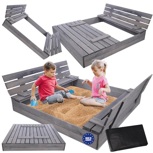 MODO24 Sandkasten mit Deckel und Sitzbänken, Holzsandkasten, Gartenspielzeug für Kinder, Sandkasten für Garten, Outdoor Sandkasten mit Bänken, Abmessungen 140x137 cm, Farbe: Grau (imprägniert)