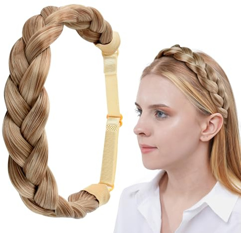 Bandeau Tressé Réglable, 3 Brins Serre Tete Tressé, Élastique Bandeaux Cheveux Tressés, Bandeau en Cheveux Synthétiques Tressés pour Filles et Femmes (A)
