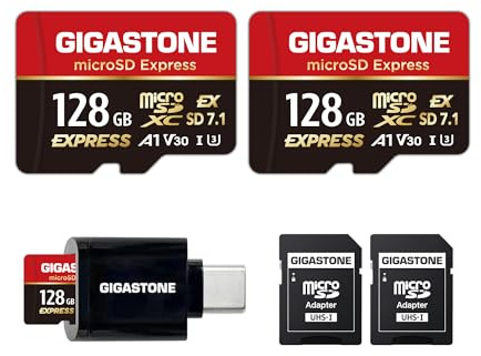 【Für Switch 2 entwickelt】 GIGASTONE 128GB microSD Express 2er-Pack Speicherkarte SDXC, bis zu 880/500MB/s, SD UHS-I UHS-II, Kameras, V30 U3, mit SD-Adapter & USB-C Kartenleser 【5 Jahre Datenrettung】