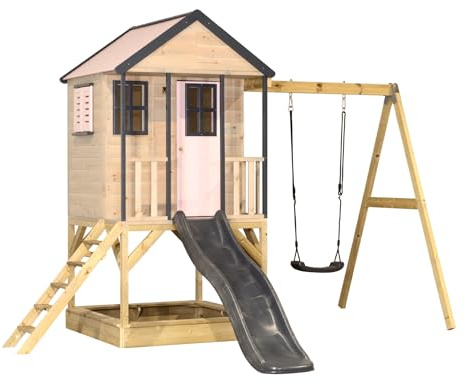 Wendi Toys M50 Stelzenhaus mit Rutsche und Schaukel, Spielturm für Kinder Outdoor Garten aus FSC-Holz, Podest 90 cm, 290×350×242 cm, mit 175 cm Rutsche, Sandkasten, wetterfest