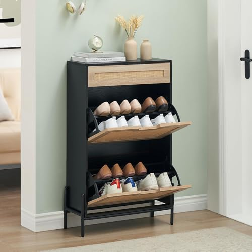 Garvee Mueble Zapatero Estrecho con 2 Solapasy 1 cajón, 60x24x102 cm, Negro | Armario para zapatos compacto, Estantes Ajustables,Mueble Delgado para Entrada Pasillo o Porche,para 14 Pares Botas y Tacones