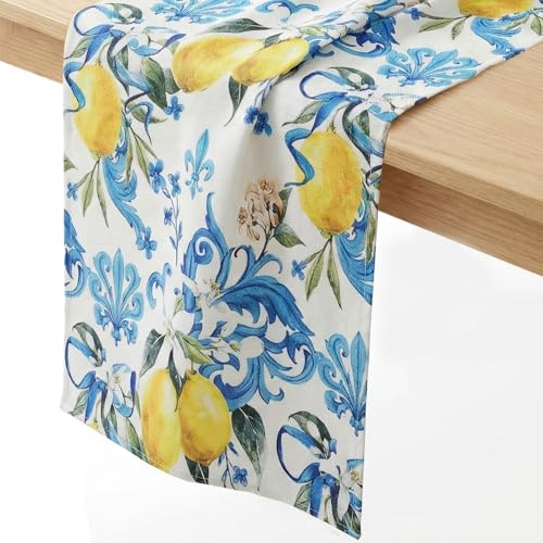 Hejo Blau Zitrone Sommer Tischläufer, Strapazierfähiger Tischläufer Zitrone – Lange Tischdeko für Küche, Esstisch & Gartenparty (40x250cm)
