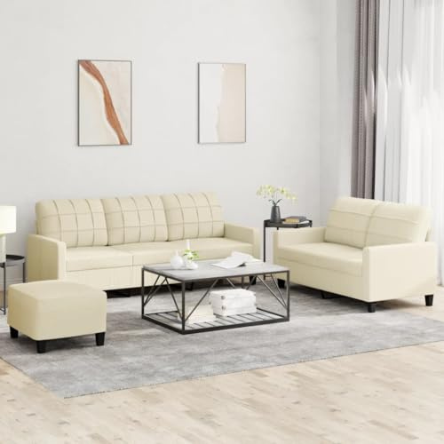 YunCangg 3-TLG. Sofagarnitur mit Kissen, Creme Kunstleder, Robustes Wohnzimmer Set, Bequemes Ecksofa für Entspannung und Gäste, Inklusive Fußhocker