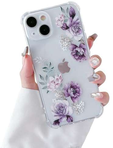 DEFBSC for iPhone 13 Case,Clear Cute Floral Pattern,Purple Peony | Flower Print Aesthetic Design, Soft TPU Flexible Bumper, for Girls Women, Reinforced Corner Shockproof Protective Phone Case