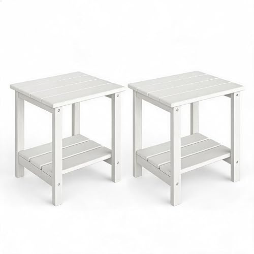 Garvee Lot de 2 Table Basse Extérieure à 2 Niveaux en HDPE 45 x 39 cm | Table de Jardin Carrée avec Étagère de Rangement Résistante aux Intempéries pour Jardin, Balcon, Bord de Piscine