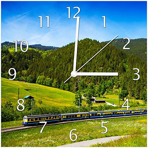Wallario Design-Wanduhr Eisenbahn in Einer Sommerlandschaft in der Schweiz aus Glas, Motiv-Uhr Größe 30 x 30 cm, weiße Zeiger