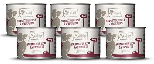 MjAMjAM - Premium Nassfutter für Hunde - kulinarischer Hirsch & Wildschwein an Preiselbeeren, 6er Pack (6 x 200 g), getreidefrei mit extra viel Fleisch
