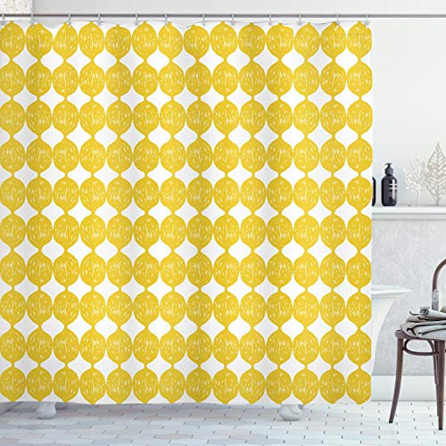 ABAKUHAUS Zitronen Duschvorhang, Ogee-Muster-Zitronen, mit 12 Ringe Set Stielvoll Modern Farbfest und Schimmel Resistent, 175x200 cm, Erde Gelb und Weiß